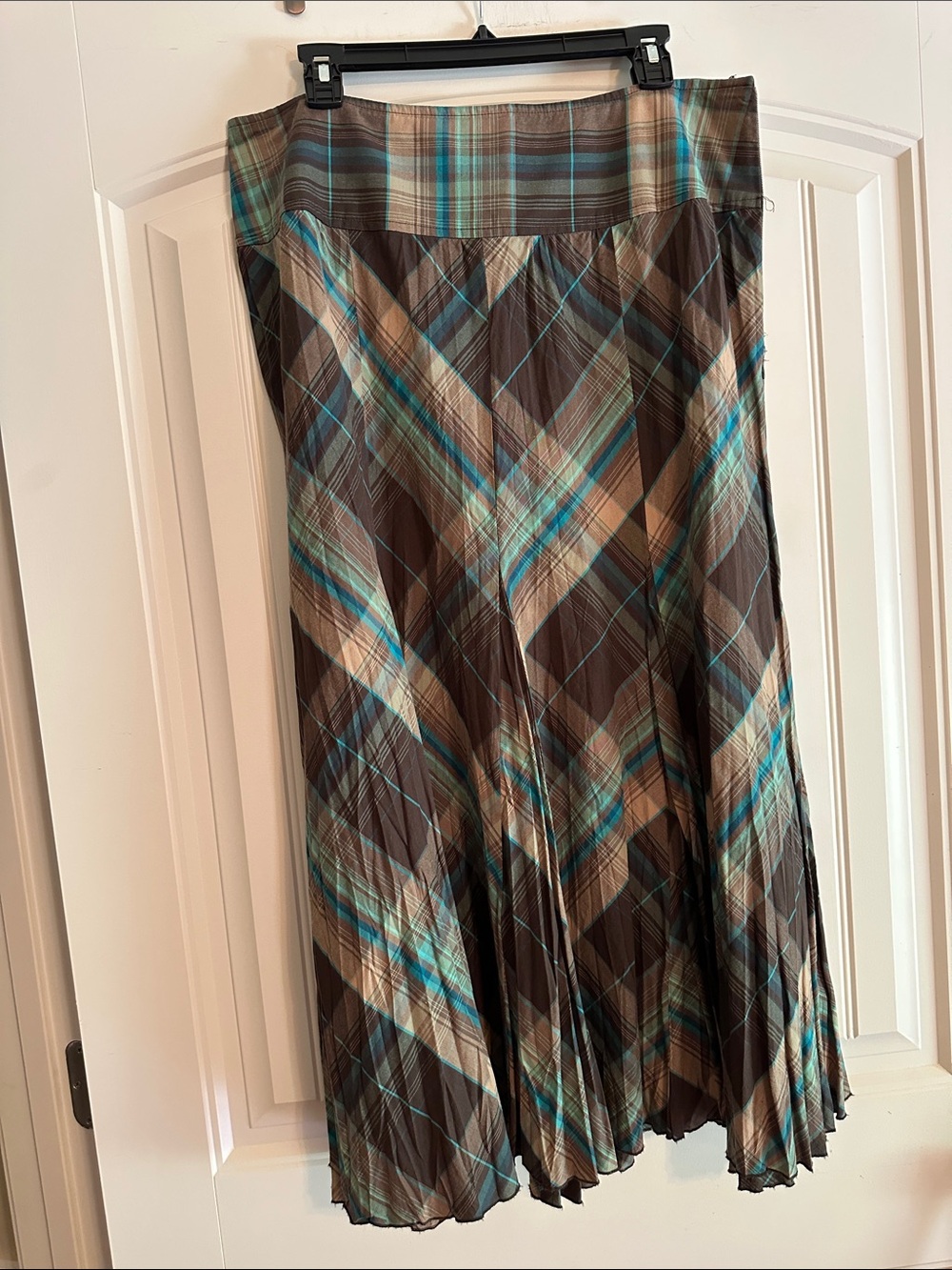 Bandolino Brown and Teal Plaid A-Line Midi Skirt